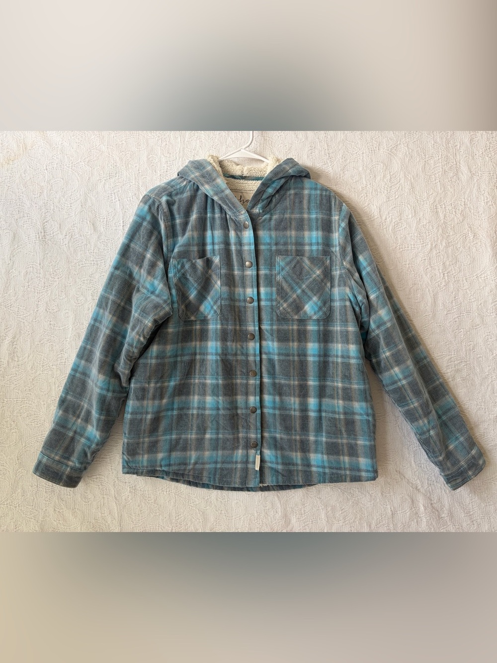 Plaid Hooded Button-Front Women's Jacket in Blue & Gray